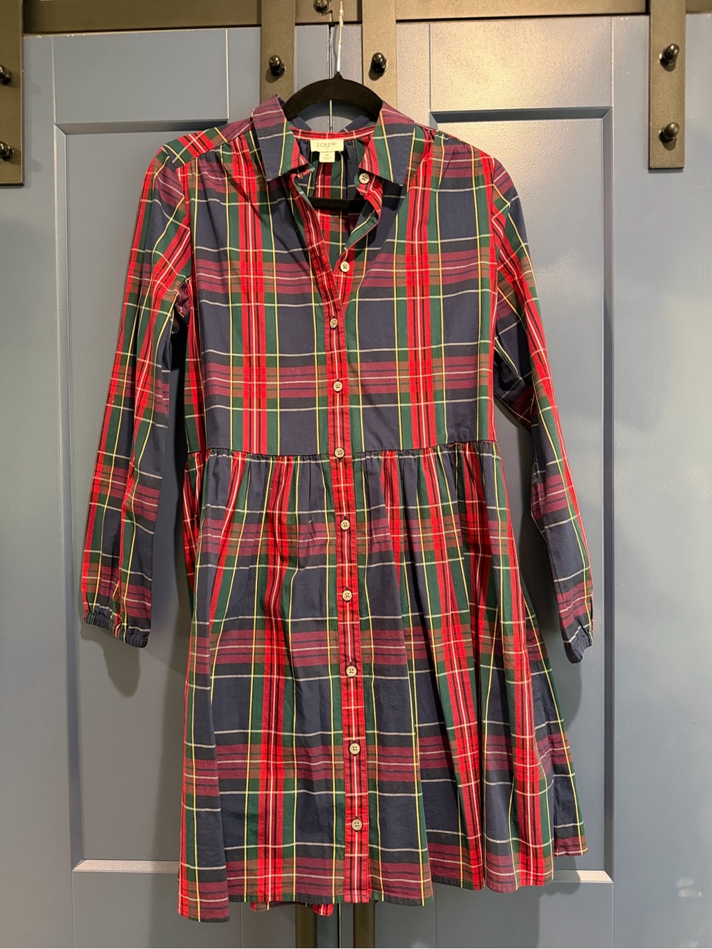 J. Crew Red and Navy Plaid Button-Front Mini Dress